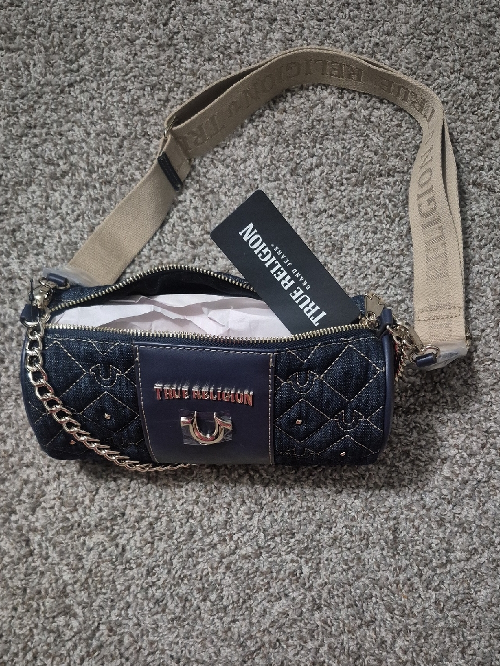 True Religion Denim Quilted Barrel Crossbody with Beige Strap